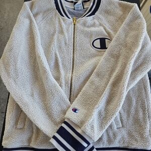 Champion College Jacket Fuzzy Sherpa Bomber Varsity Full Zip Womens Large